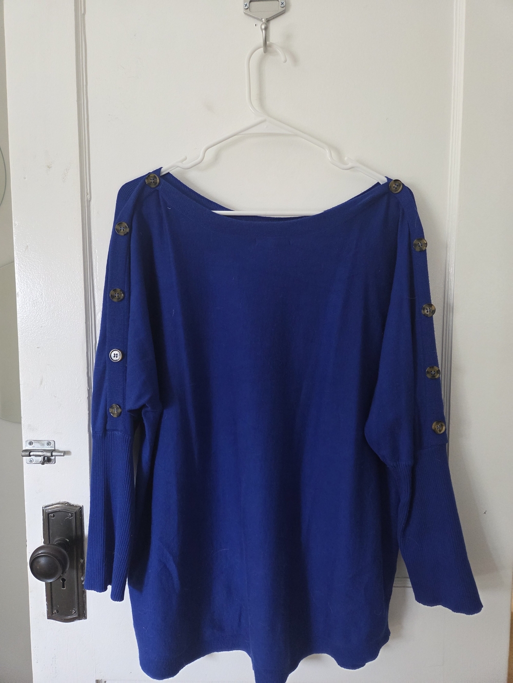 Cable & Gauge Blue Off-Shoulder Button-Sleeve Sweater